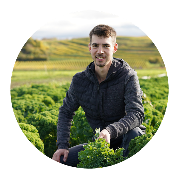 Unser Vorstandsmitglied Lukas Denne kniet in einem Grünkohlfeld.