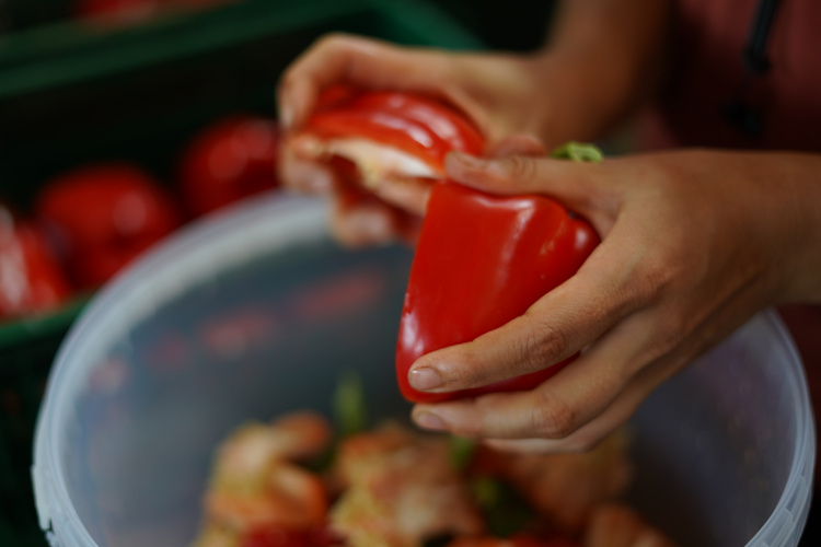 KI generiert: Person schneidet eine rote Paprika in der Nähe einer Schüssel.