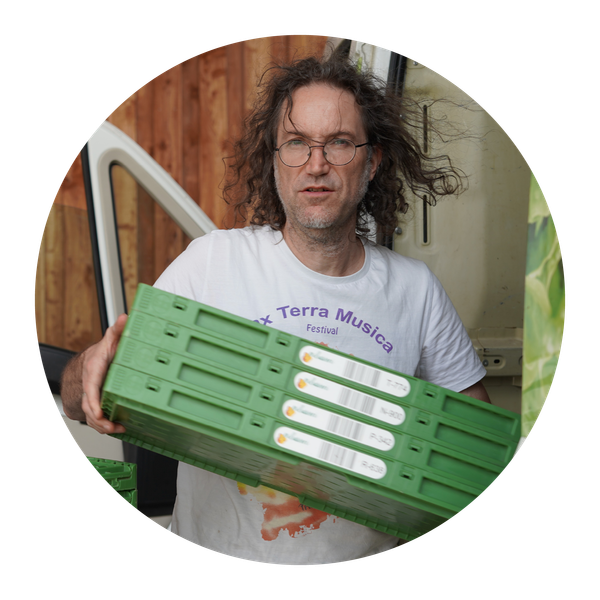 KI generiert: Ein Mann trägt grüne Kisten. Text auf dem T-Shirt: "ex Terra Musica Festival".