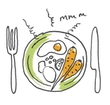 Ein gezeichneter voller Teller mit dampfendem gekochtem Gemüse