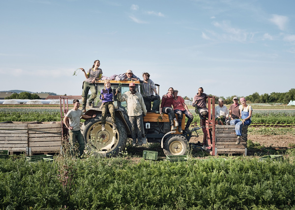 KI generiert: Gruppenfoto von Menschen auf einem Traktor auf einem Feld.