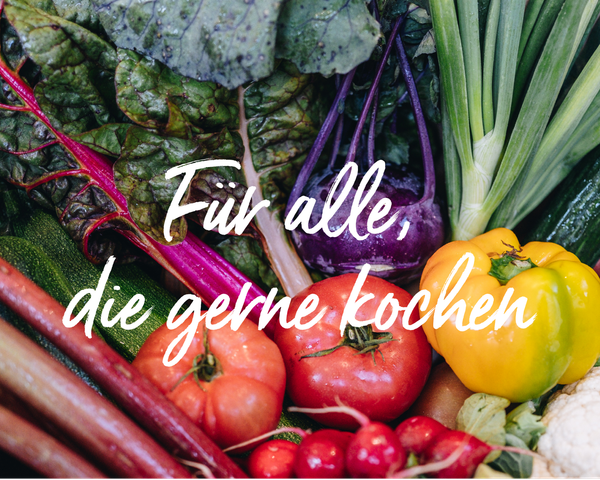 KI generiert: Frisches Gemüse bildet den Hauptinhalt. Text: "Für alle, die gerne kochen".