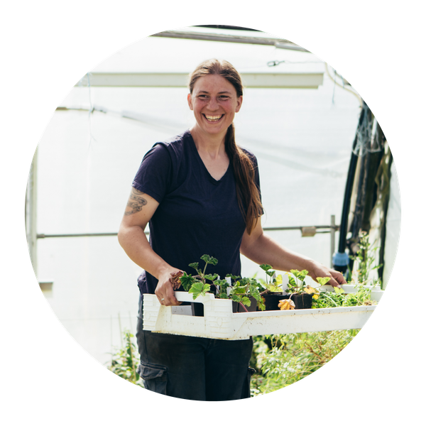 Unser Vorstandsmitglied Lukas Denne kniet in einem Grünkohlfeld.