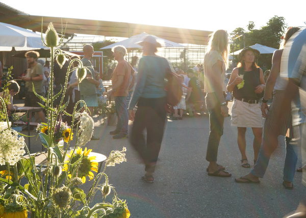 KI generiert: Menschen bei einem sonnigen Gartenmarkt, umgeben von Blumen und outdoor Unterhaltung.