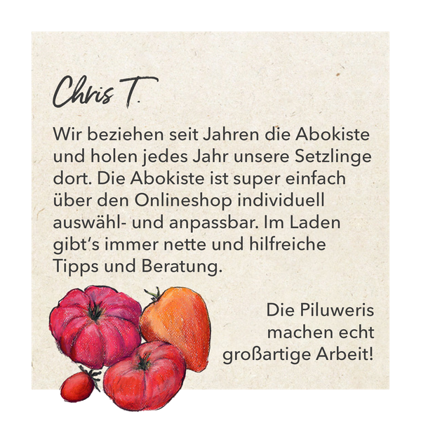 Ein Zitat von dem Kunden Chris T., der die Abokiste super findet. Am Bildrand eine Zeichnung von vier roten Tomaten.