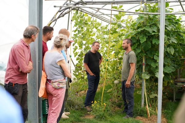 KI generiert: Gruppe diskutiert in einem Gewächshaus mit üppigen Pflanzen und einem stehenden Mann.