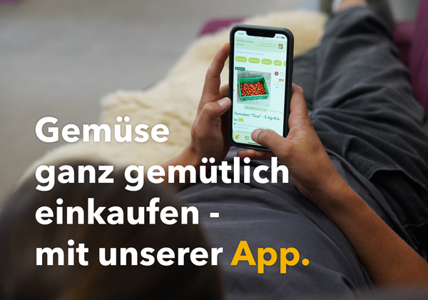 KI generiert: Person liegt auf einem Sofa und bestellt online Gemüse. Text: „Gemüse ganz gemütlich einkaufen - mit unserer App.“
