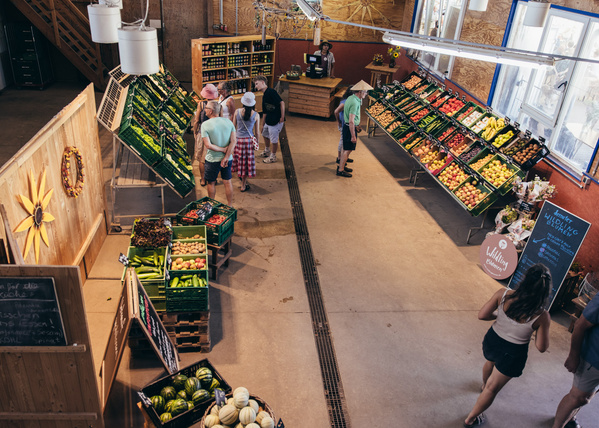 KI generiert: Ein Obst- und Gemüseladen mit Kunden, die einkaufen. Schilder für Angebote sind sichtbar.