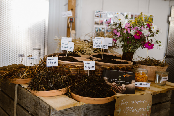 KI generiert: Verschiedene Kompostproben mit Altersangaben, daneben Blumen und ein Schild mit "Für unsere Pflanzen".