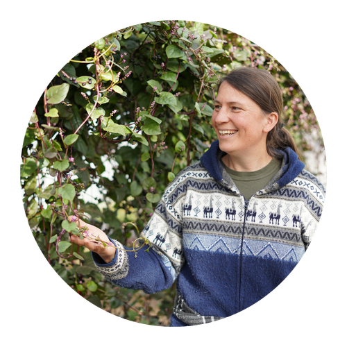 Unser Vorstandsmitglied Judith Muschiol hält eine Ranke Malabar-Spinat in der Hand.