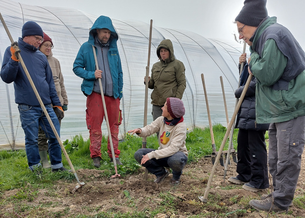 KI generiert: Eine Gruppe Menschen lernt im Freien mit landwirtschaftlichen Werkzeugen vor einem Gewächshaus.