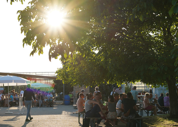 KI generiert: Menschen sitzen in einem Biergarten bei Sonnenuntergang unter Bäumen.
